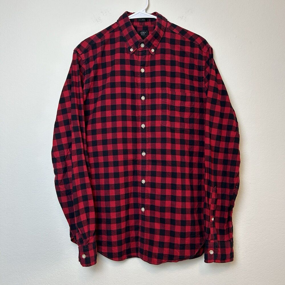 J Crew Shirt Mens Medium Red Black Button Down Check Flannel Slim Oxford Preppy